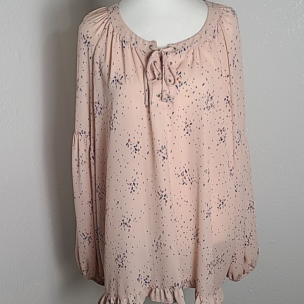 a.n.a. Light Pink Blouse, Splashes of Navy, Lace-up Neckline/Ruffles, Sz Large - Picture 2 of 11